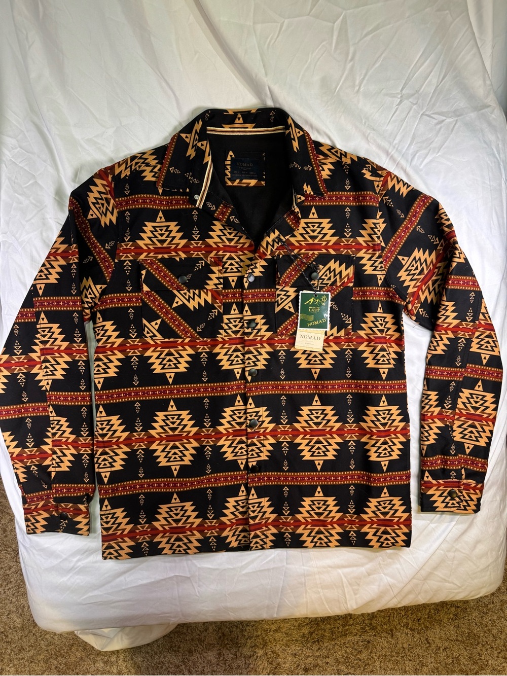 Nomad Black Aztec-Print Long Sleeve Dress Shirt with Gold and Red Accents